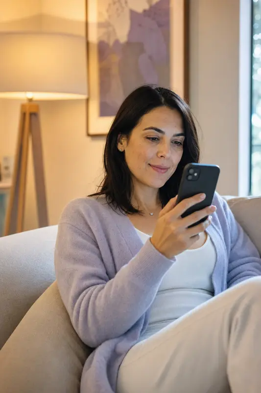 Mujer en casa mirando su celular