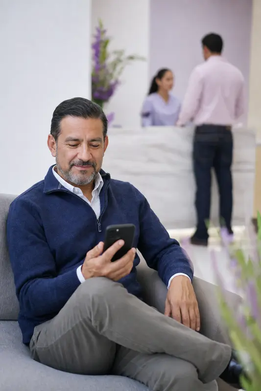 Hombre leyendo un mensaje en su celular en la sala de espera